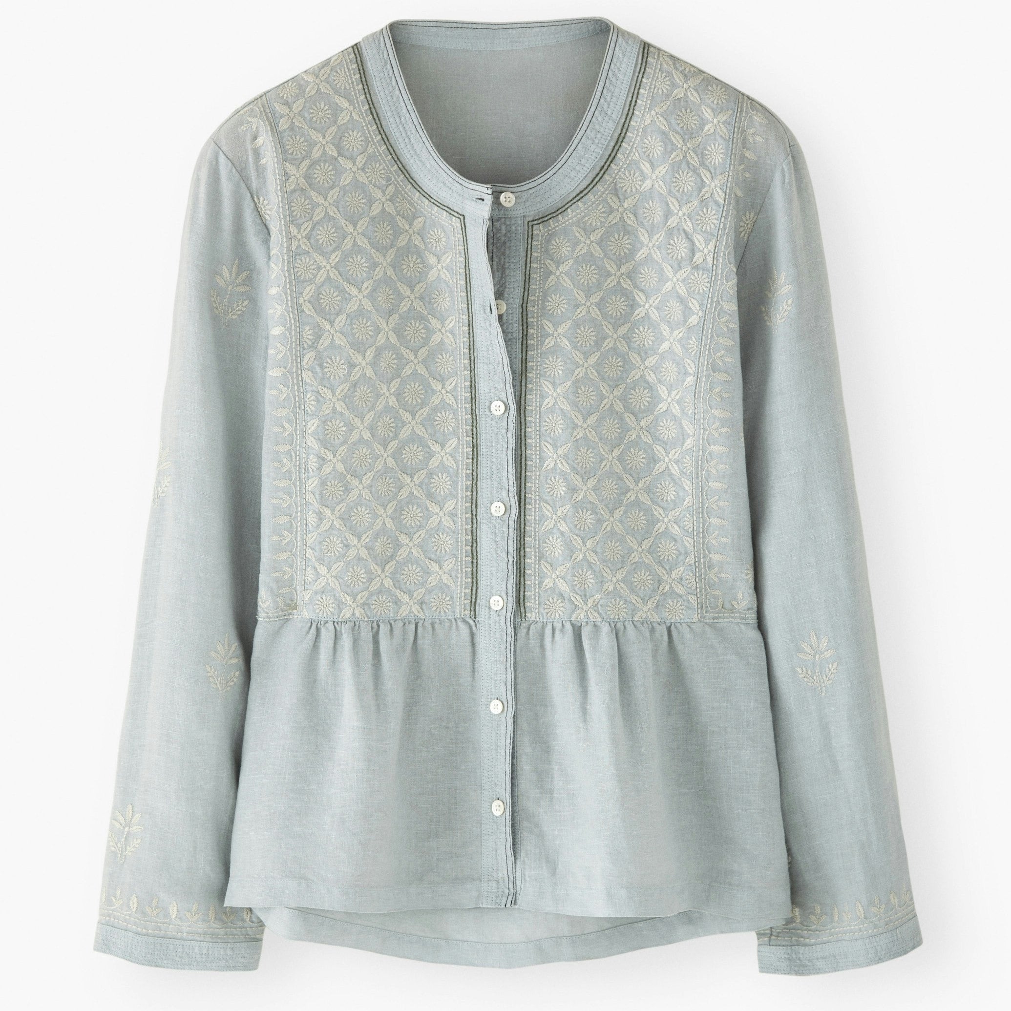 Light blue blouse with lace detailing on a white background