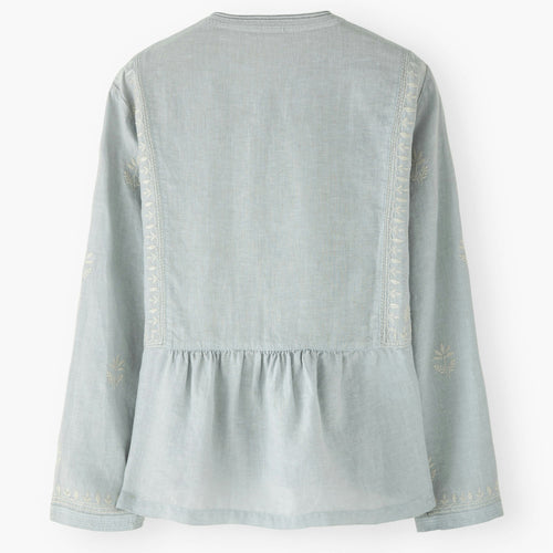 Light blue denim jacket with lace trim on a white background