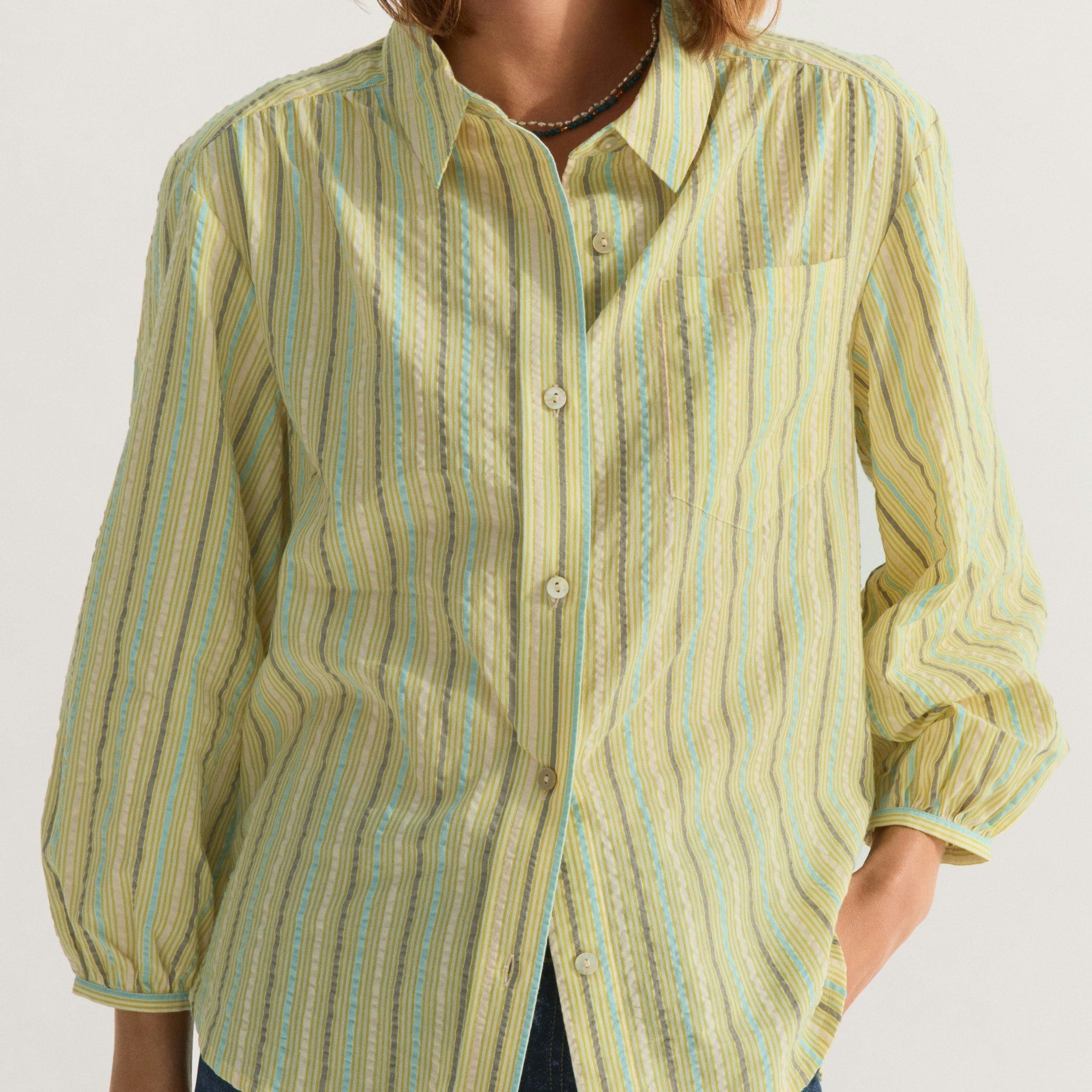 Light green striped long sleeve shirt with a collar