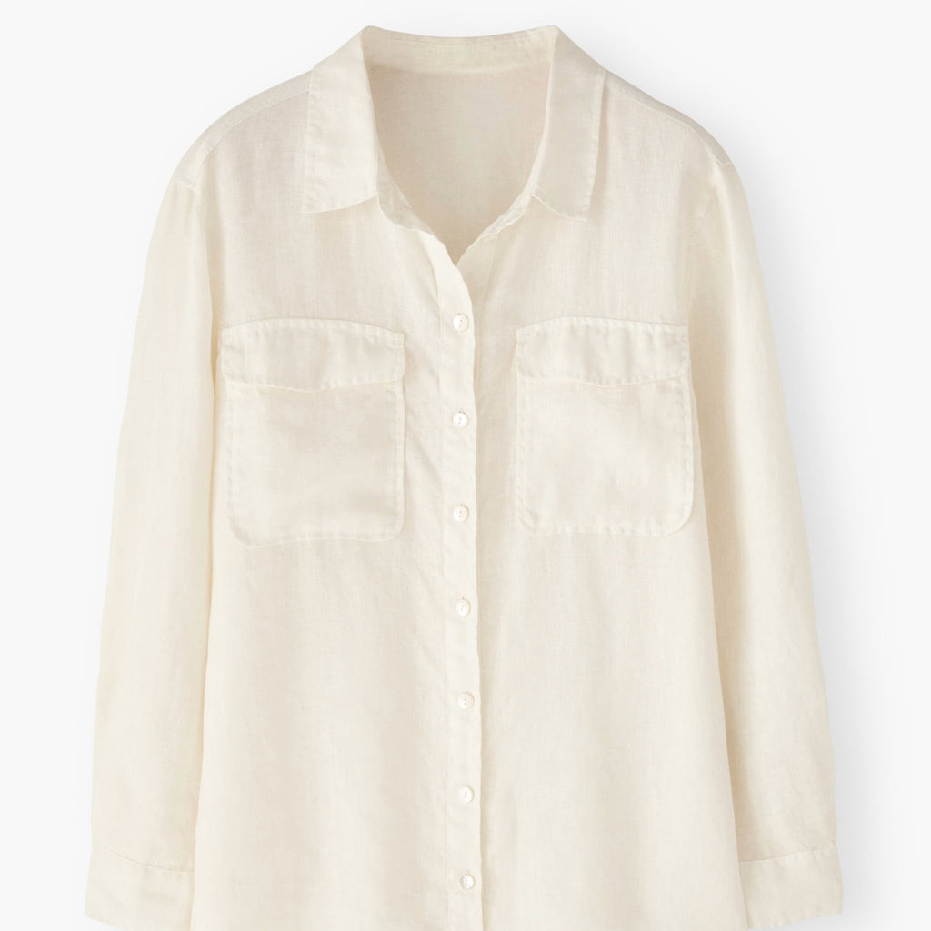 Beige button-up shirt on a white background