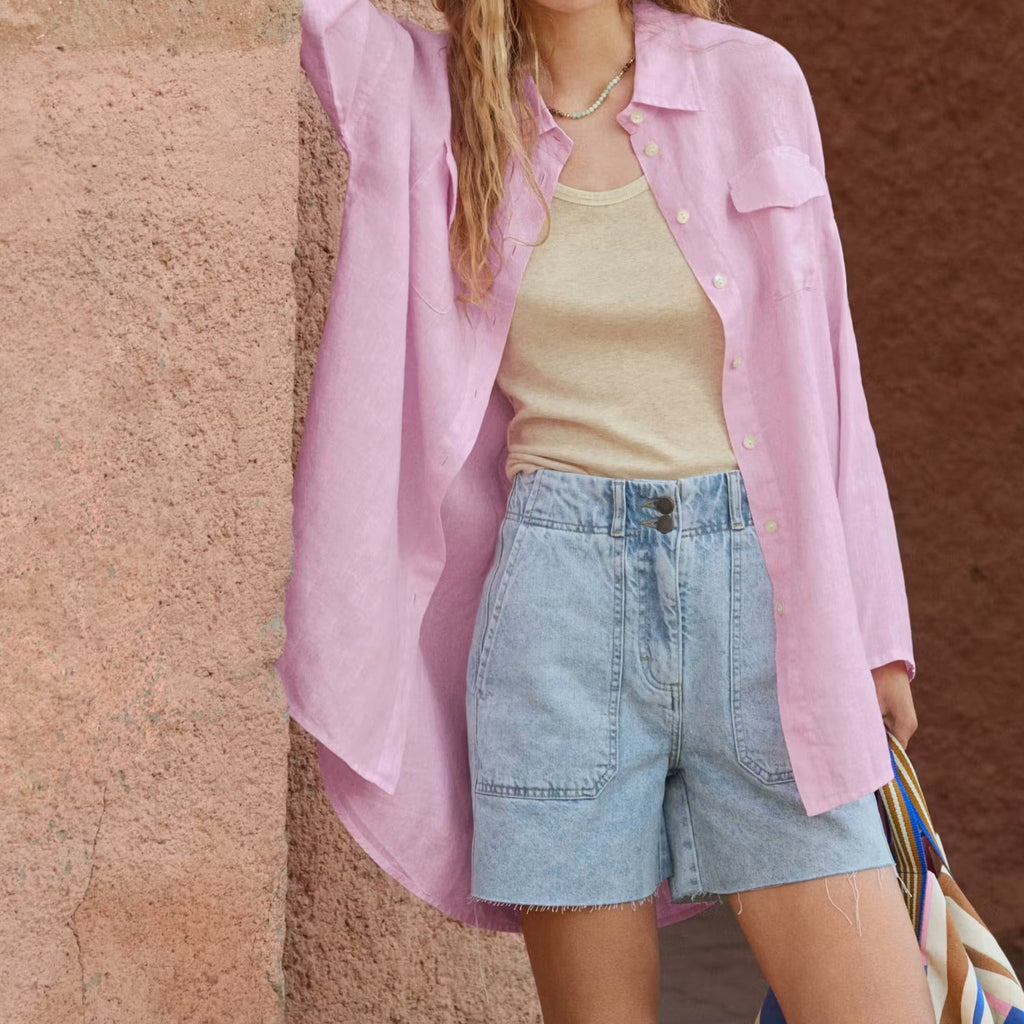 Pale pink loose fit long sleeve shirt with a collar